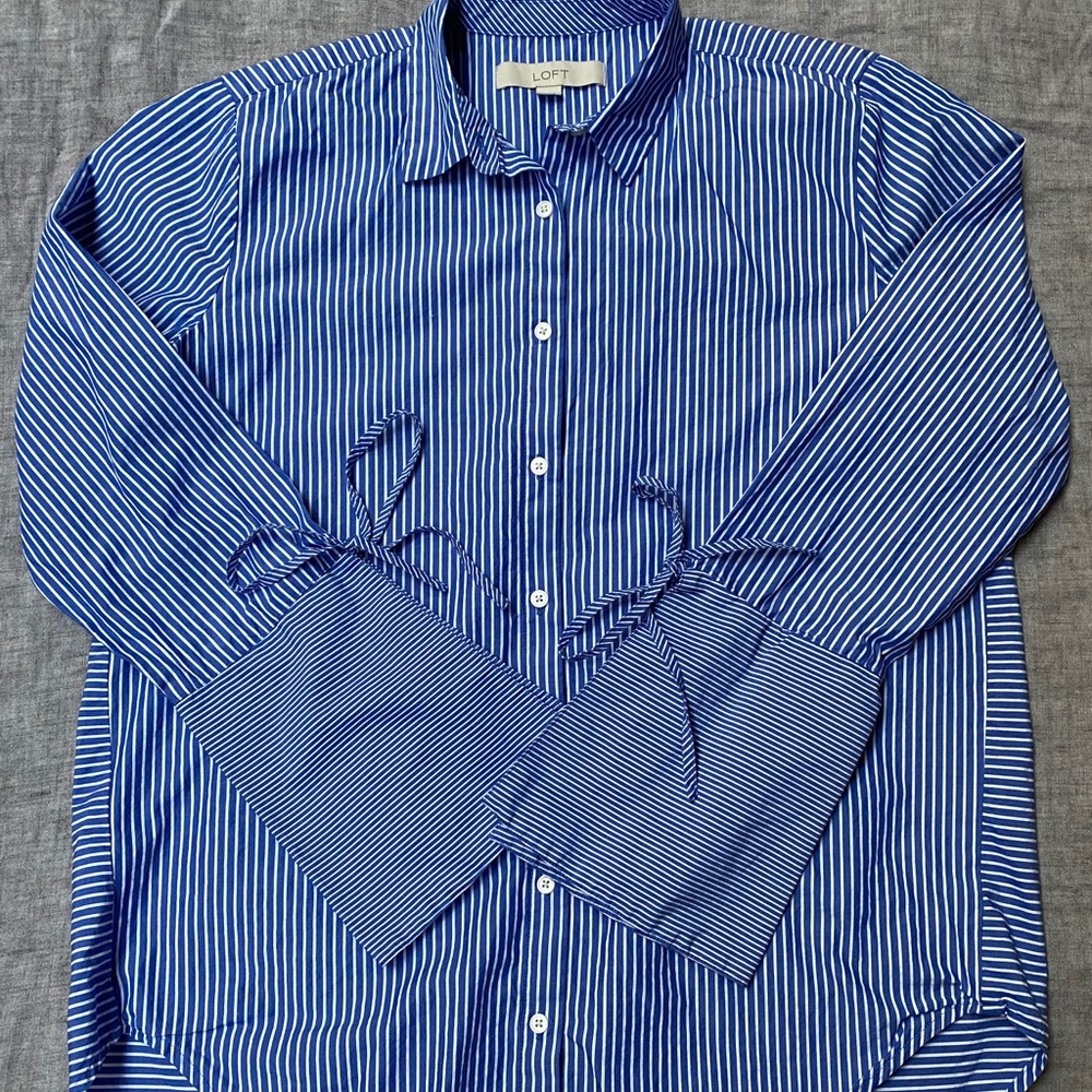 LOFT Blue/White Stripped Bell Sleeve Dress Shirt